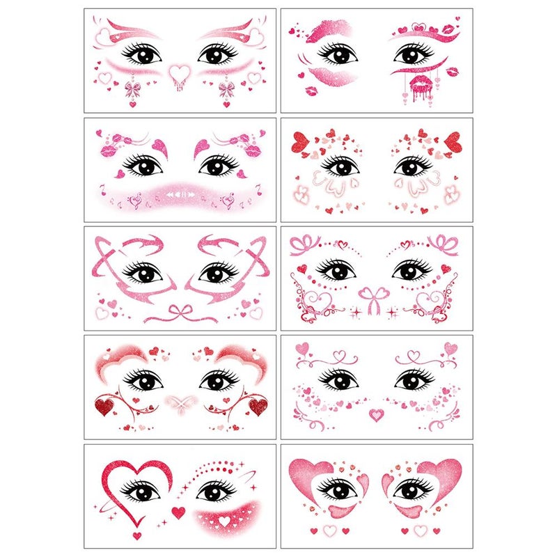 10pcs Glitter Valentine's Day Temporary Tattoo Stickers, Cute Valentine's Day Makeup Face Stickers (European and American Holiday Party Performances)